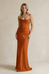 Cowl Neck Sheath Corset Bridesmaid Dress in Cinnamon - KISS BRIDAL Bridesmaid Dresses