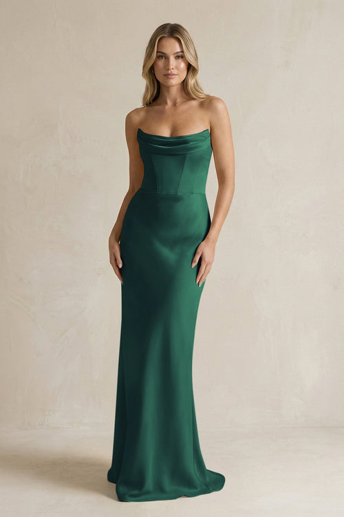 Cowl Neck Sheath Corset Bridesmaid Dress in Dark Green - KISS BRIDAL Bridesmaid Dresses