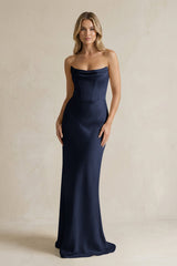 Cowl Neck Sheath Corset Bridesmaid Dress in Dark Navy - KISS BRIDAL Bridesmaid Dresses