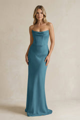 Cowl Neck Sheath Corset Bridesmaid Dress in Dark Teal - KISS BRIDAL Bridesmaid Dresses