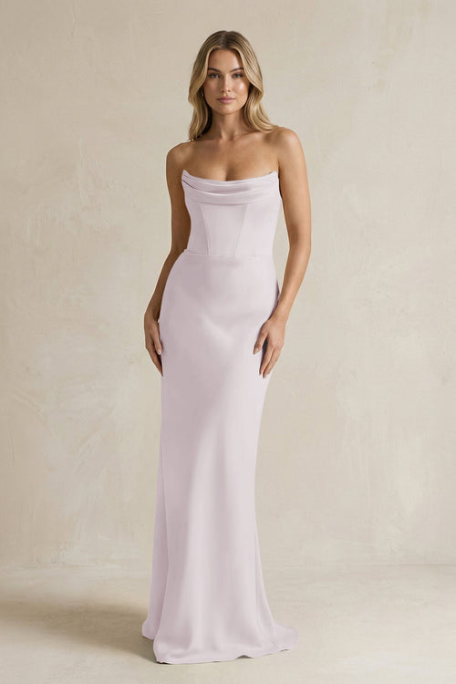 Cowl Neck Sheath Corset Bridesmaid Dress in Dusk - KISS BRIDAL Bridesmaid Dresses