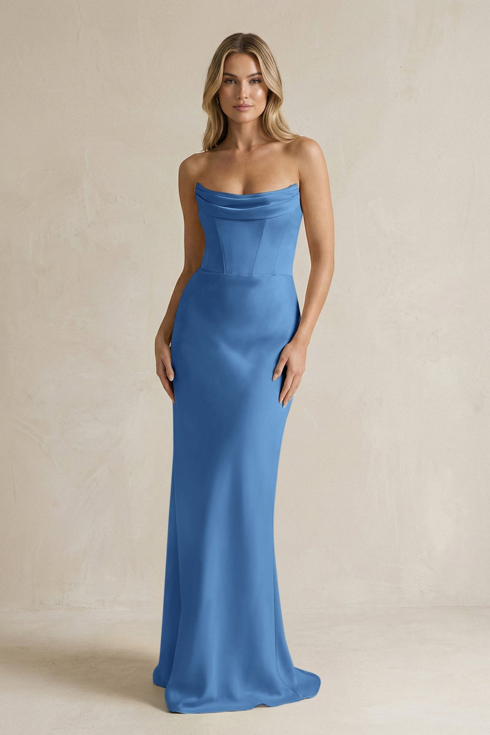 Cowl Neck Sheath Corset Bridesmaid Dress in Dusty Blue - KISS BRIDAL Bridesmaid Dresses