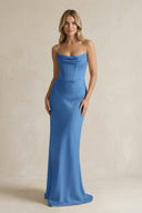 Cowl Neck Sheath Corset Bridesmaid Dress in Dusty Blue - KISS BRIDAL Bridesmaid Dresses