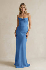 Cowl Neck Sheath Corset Bridesmaid Dress in Dusty Blue - KISS BRIDAL Bridesmaid Dresses