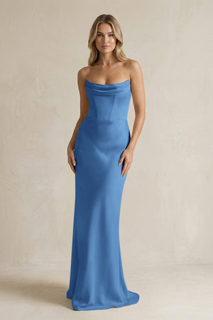 Cowl Neck Sheath Corset Bridesmaid Dress in Dusty Blue - KISS BRIDAL Bridesmaid Dresses