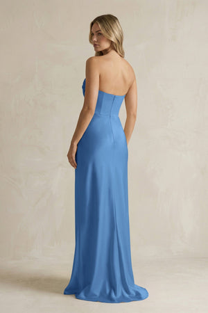 Cowl Neck Sheath Corset Bridesmaid Dress in Dusty Blue - KISS BRIDAL Bridesmaid Dresses