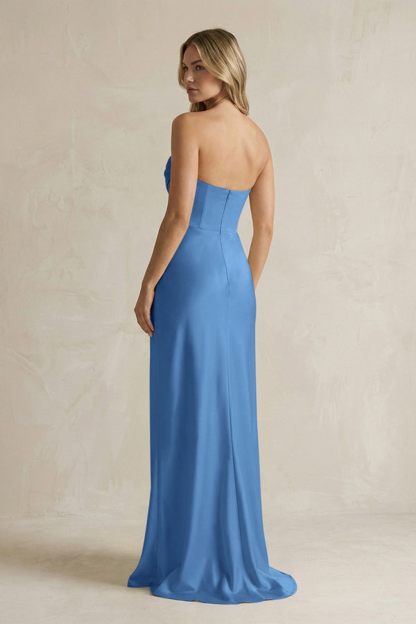 Cowl Neck Sheath Corset Bridesmaid Dress in Dusty Blue - KISS BRIDAL Bridesmaid Dresses