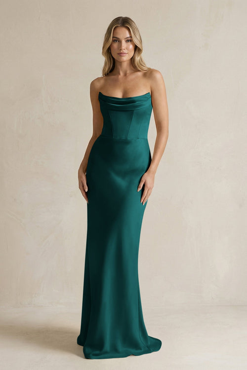 Cowl Neck Sheath Corset Bridesmaid Dress in Emerald - KISS BRIDAL Bridesmaid Dresses