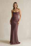 Cowl Neck Sheath Corset Bridesmaid Dress in Espresso - KISS BRIDAL Bridesmaid Dresses