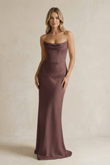 Cowl Neck Sheath Corset Bridesmaid Dress in Espresso - KISS BRIDAL Bridesmaid Dresses