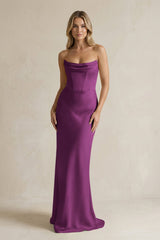 Cowl Neck Sheath Corset Bridesmaid Dress in Fig - KISS BRIDAL Bridesmaid Dresses