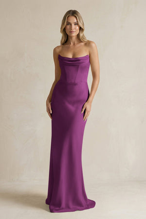 Cowl Neck Sheath Corset Bridesmaid Dress in Fig - KISS BRIDAL Bridesmaid Dresses