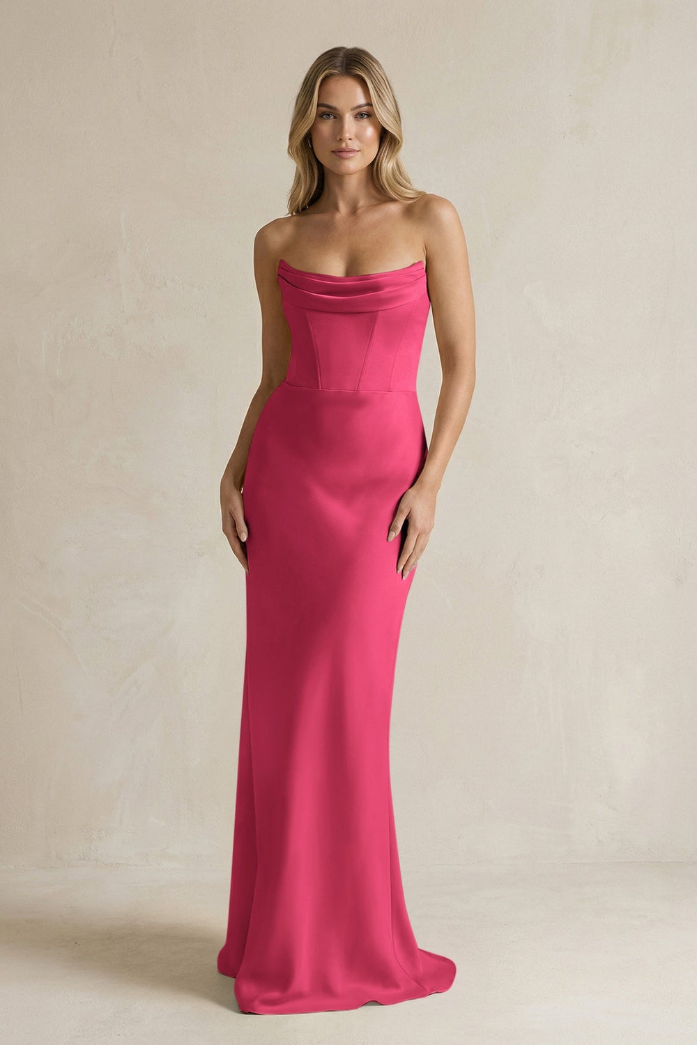 Cowl Neck Sheath Corset Bridesmaid Dress in Fuchsia - KISS BRIDAL Bridesmaid Dresses
