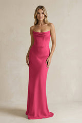 Cowl Neck Sheath Corset Bridesmaid Dress in Fuchsia - KISS BRIDAL Bridesmaid Dresses