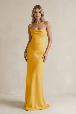Cowl Neck Sheath Corset Bridesmaid Dress in Gold - KISS BRIDAL Bridesmaid Dresses