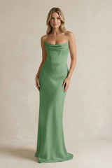 Cowl Neck Sheath Corset Bridesmaid Dress in Matcha - KISS BRIDAL Bridesmaid Dresses