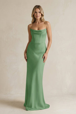 Cowl Neck Sheath Corset Bridesmaid Dress in Matcha - KISS BRIDAL Bridesmaid Dresses