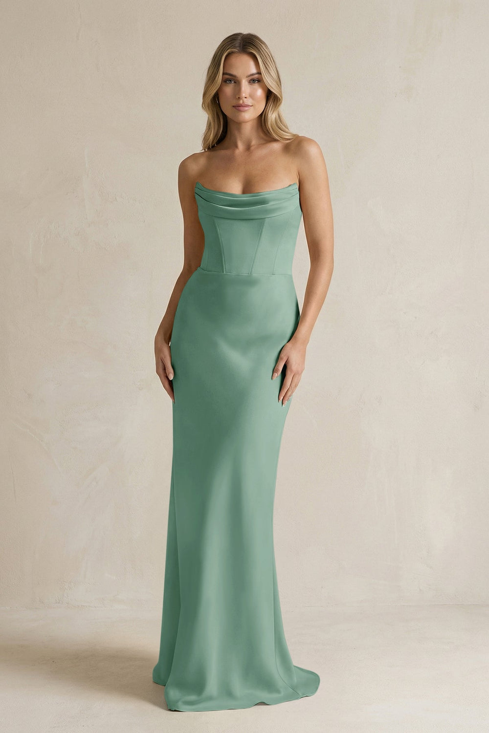 Cowl Neck Sheath Corset Bridesmaid Dress in Mint Green - KISS BRIDAL Bridesmaid Dresses