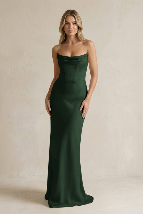 Cowl Neck Sheath Corset Bridesmaid Dress in Moss - KISS BRIDAL Bridesmaid Dresses