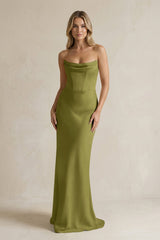 Cowl Neck Sheath Corset Bridesmaid Dress in Moss Green - KISS BRIDAL Bridesmaid Dresses