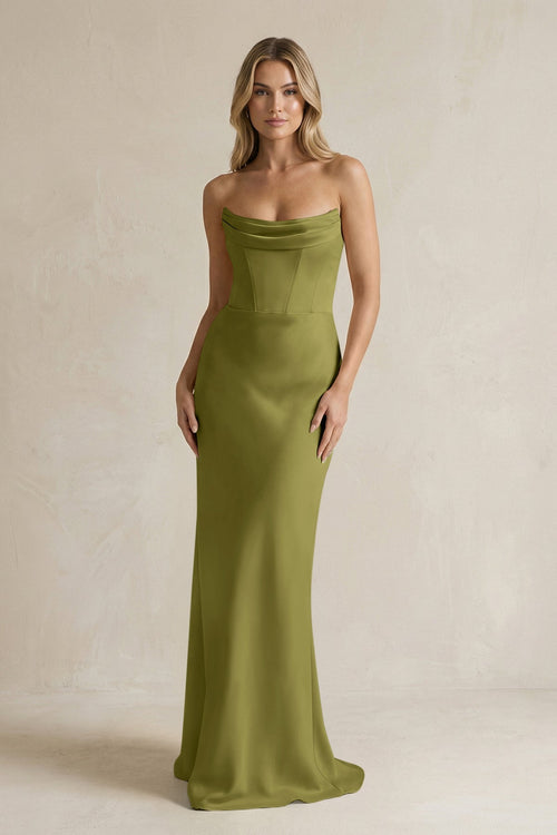 Cowl Neck Sheath Corset Bridesmaid Dress in Moss Green - KISS BRIDAL Bridesmaid Dresses