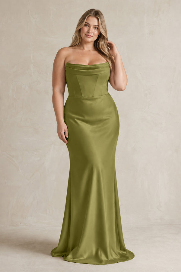 Cowl Neck Sheath Corset Bridesmaid Dress in Moss Green [sizeplus] | KISSBRIDAL