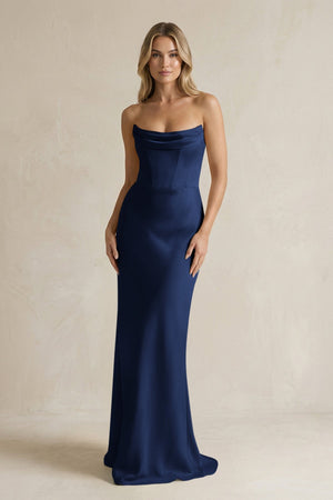 Cowl Neck Sheath Corset Bridesmaid Dress in Navy - KISS BRIDAL Bridesmaid Dresses