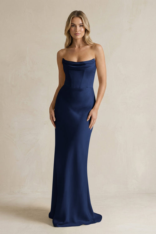 Cowl Neck Sheath Corset Bridesmaid Dress in Navy - KISS BRIDAL Bridesmaid Dresses