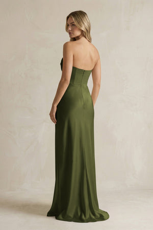 Cowl Neck Sheath Corset Bridesmaid Dress in Olive - KISS BRIDAL Bridesmaid Dresses
