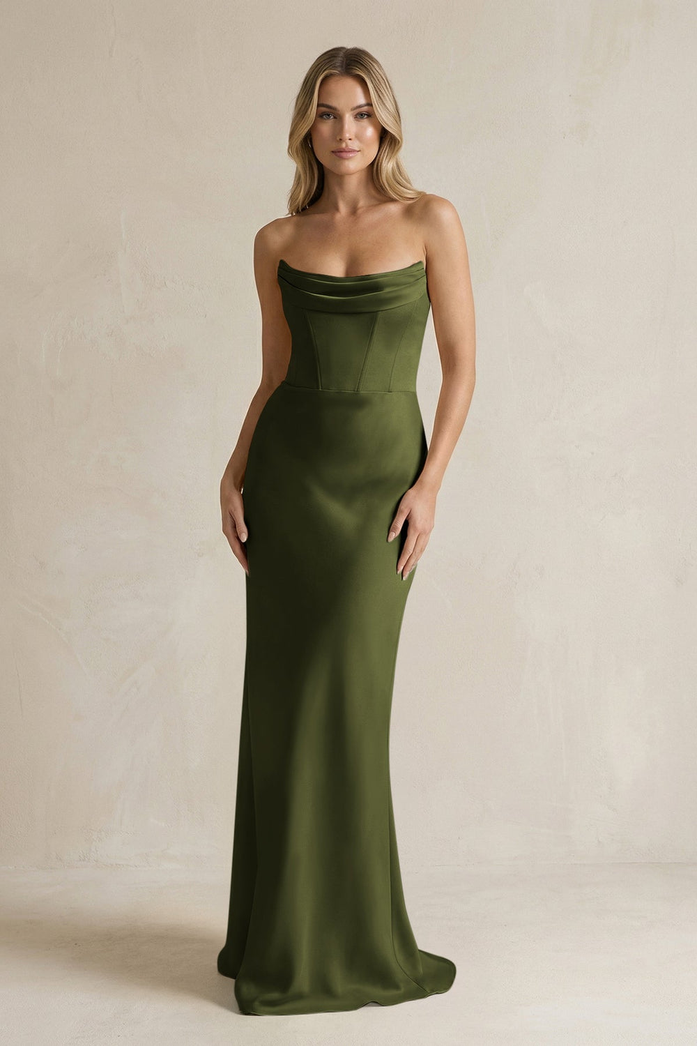 Cowl Neck Sheath Corset Bridesmaid Dress in Olive - KISS BRIDAL Bridesmaid Dresses