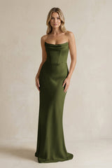 Cowl Neck Sheath Corset Bridesmaid Dress in Olive - KISS BRIDAL Bridesmaid Dresses
