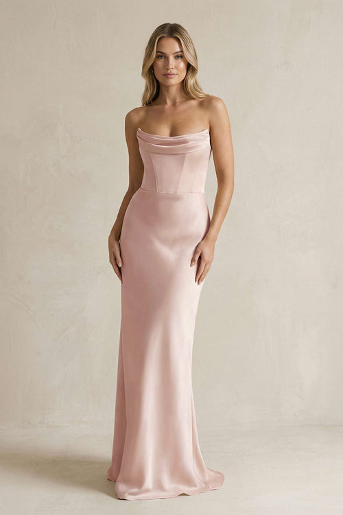 Cowl Neck Sheath Corset Bridesmaid Dress in Pale Blush - KISS BRIDAL Bridesmaid Dresses