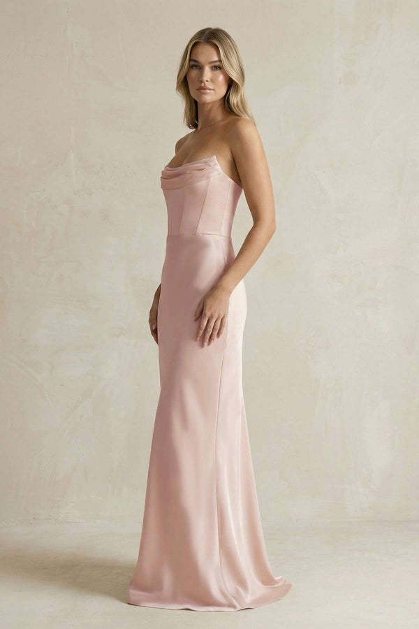 Cowl Neck Sheath Corset Bridesmaid Dress in Pale Blush - KISS BRIDAL Bridesmaid Dresses