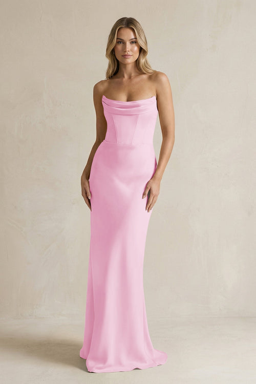 Cowl Neck Sheath Corset Bridesmaid Dress in Pink - KISS BRIDAL Bridesmaid Dresses