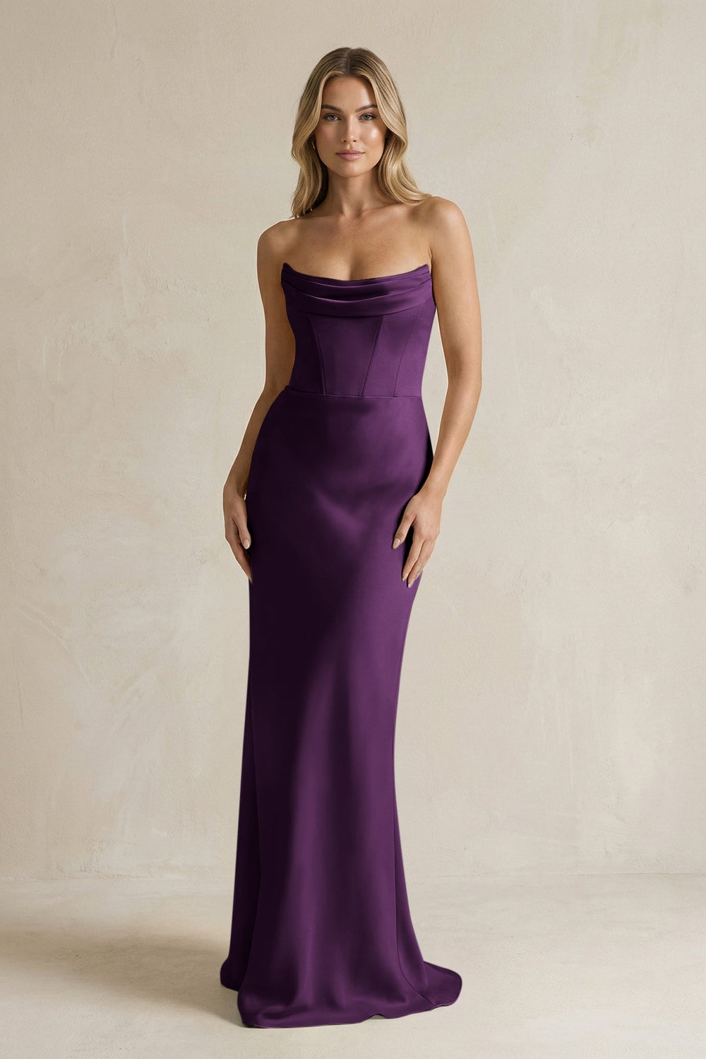 Cowl Neck Sheath Corset Bridesmaid Dress in Plum - KISS BRIDAL Bridesmaid Dresses