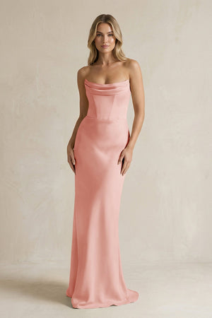 Cowl Neck Sheath Corset Bridesmaid Dress in Rose Petal - KISS BRIDAL Bridesmaid Dresses