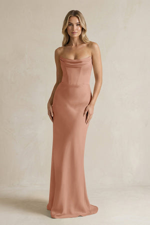 Cowl Neck Sheath Corset Bridesmaid Dress in Rosette - KISS BRIDAL Bridesmaid Dresses