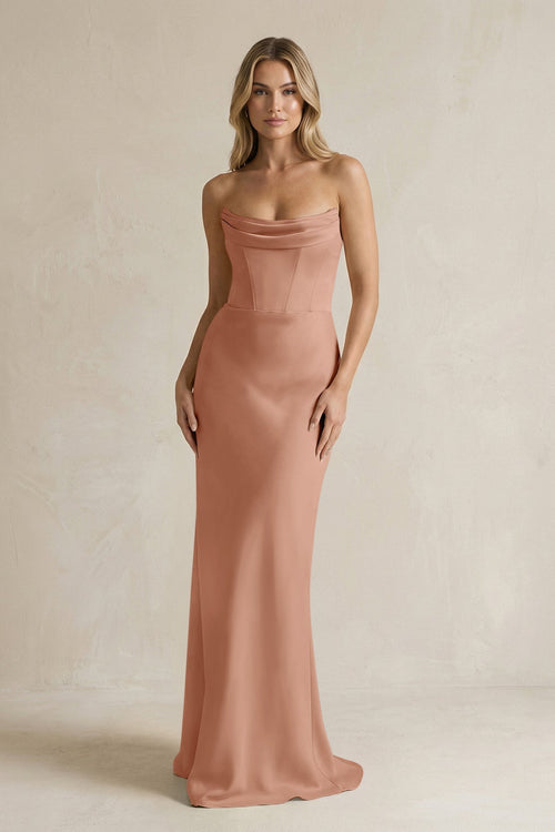 Cowl Neck Sheath Corset Bridesmaid Dress in Rosette - KISS BRIDAL Bridesmaid Dresses