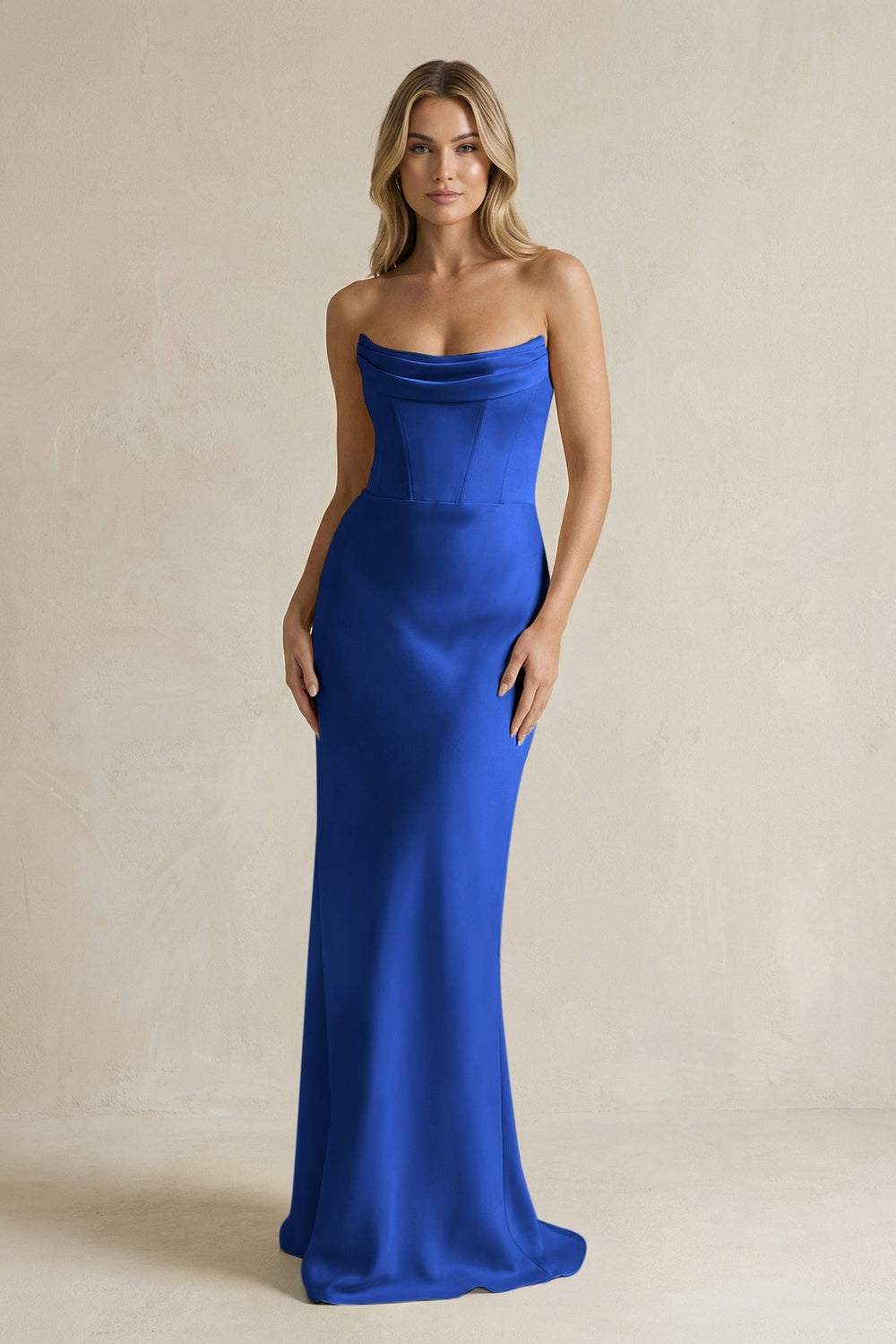 Cowl Neck Sheath Corset Bridesmaid Dress in Royal Blue - KISS BRIDAL Bridesmaid Dresses