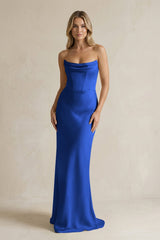 Cowl Neck Sheath Corset Bridesmaid Dress in Royal Blue - KISS BRIDAL Bridesmaid Dresses