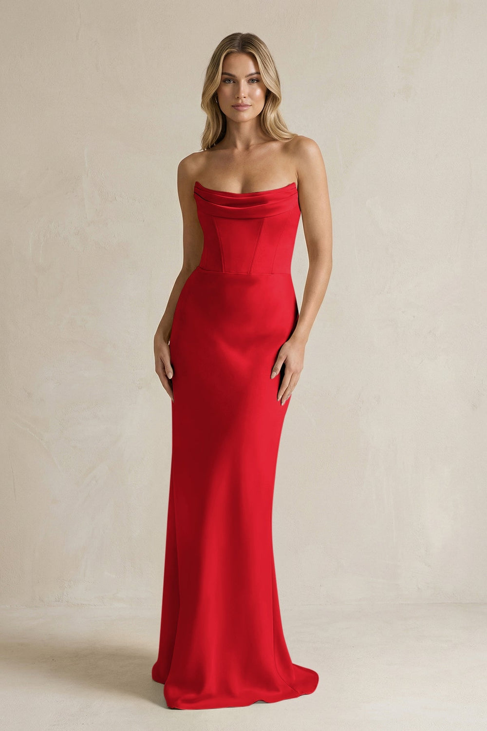 Cowl Neck Sheath Corset Bridesmaid Dress in Ruby Red - KISS BRIDAL Bridesmaid Dresses