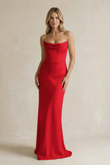 Cowl Neck Sheath Corset Bridesmaid Dress in Ruby Red - KISS BRIDAL Bridesmaid Dresses