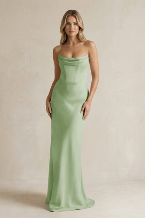 Cowl Neck Sheath Corset Bridesmaid Dress in Sage - KISS BRIDAL Bridesmaid Dresses