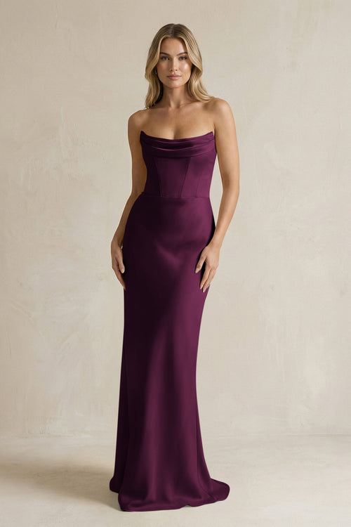 Cowl Neck Sheath Corset Bridesmaid Dress in Sangria - KISS BRIDAL Bridesmaid Dresses