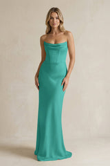 Cowl Neck Sheath Corset Bridesmaid Dress in Sea Glass - KISS BRIDAL Bridesmaid Dresses