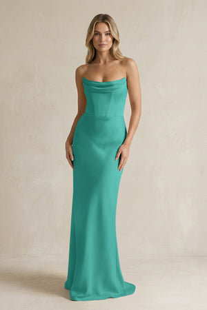 Cowl Neck Sheath Corset Bridesmaid Dress in Sea Glass - KISS BRIDAL Bridesmaid Dresses