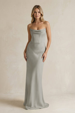 Cowl Neck Sheath Corset Bridesmaid Dress in Silver - KISS BRIDAL Bridesmaid Dresses