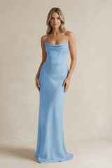 Cowl Neck Sheath Corset Bridesmaid Dress in Sky Blue - KISS BRIDAL Bridesmaid Dresses