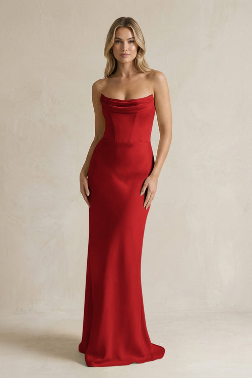 Cowl Neck Sheath Corset Bridesmaid Dress in Spice - KISS BRIDAL Bridesmaid Dresses