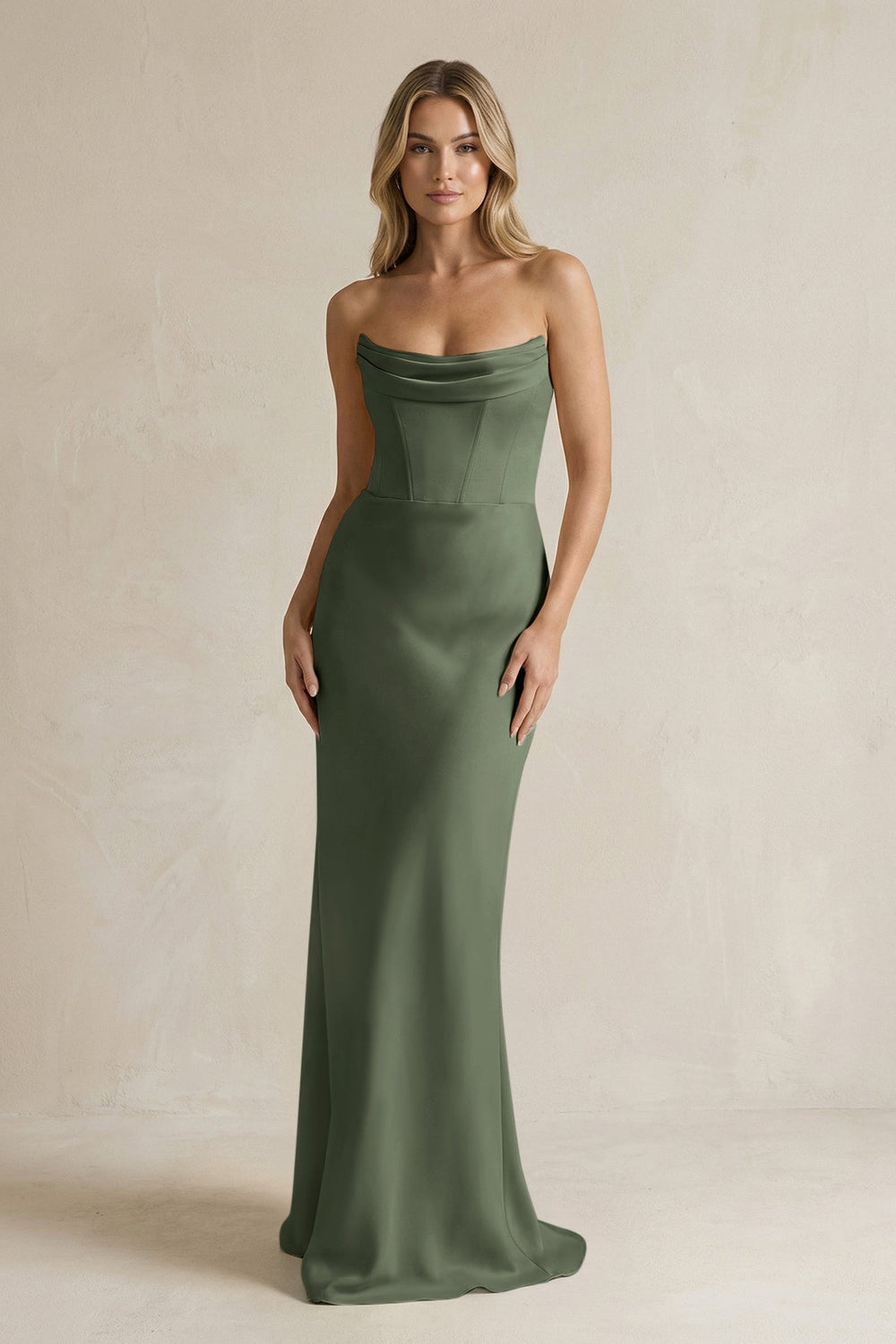 Cowl Neck Sheath Corset Bridesmaid Dress in Thyme - KISS BRIDAL Bridesmaid Dresses